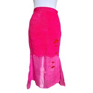 Miss Sixty Barbie Pink Lace Midi Skirt XS Sheer Hem Lip Appliquéd Y2K Belt Sash